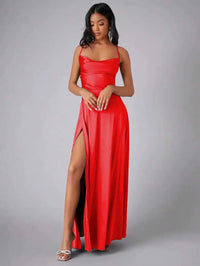 Teal Satin Spaghetti Strap Floor-Length Prom Dress With High Slit