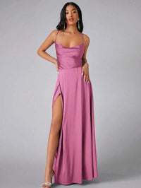 Teal Satin Spaghetti Strap Floor-Length Prom Dress With High Slit