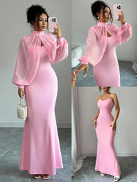 High-Neck Beaded Cape Sleeve Evening Dress Set, Mermaid Bodycon Slip Gown With Sheer Pearl-Embellished Overlay