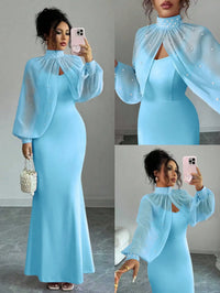High-Neck Beaded Cape Sleeve Evening Dress Set, Mermaid Bodycon Slip Gown With Sheer Pearl-Embellished Overlay