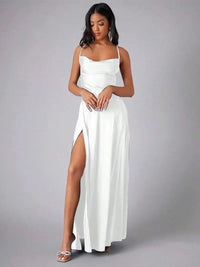 Teal Satin Spaghetti Strap Floor-Length Prom Dress With High Slit
