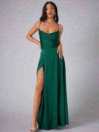 Teal Satin Spaghetti Strap Floor-Length Prom Dress With High Slit