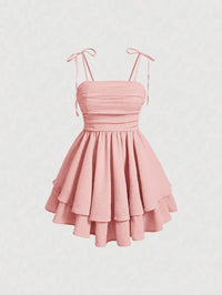 Mini Dress With Adjustable Spaghetti Straps And Tiered Skirt