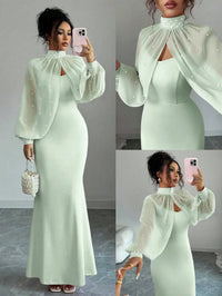 High-Neck Beaded Cape Sleeve Evening Dress Set, Mermaid Bodycon Slip Gown With Sheer Pearl-Embellished Overlay