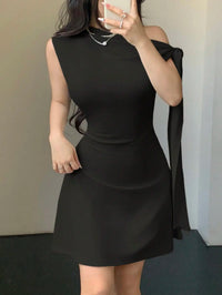 Women Asymmetrical One Shoulder Short Dress With Tie-Up Detail