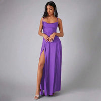 Teal Satin Spaghetti Strap Floor-Length Prom Dress With High Slit