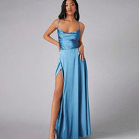 Teal Satin Spaghetti Strap Floor-Length Prom Dress With High Slit