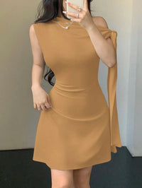 Women Asymmetrical One Shoulder Short Dress With Tie-Up Detail