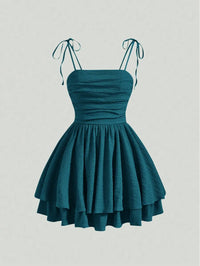 Mini Dress With Adjustable Spaghetti Straps And Tiered Skirt