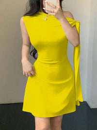Women Asymmetrical One Shoulder Short Dress With Tie-Up Detail