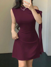 Women Asymmetrical One Shoulder Short Dress With Tie-Up Detail