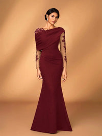 Evening Dress With Asymmetrical Draped Neckline, Sheer Lace-Embroidered Sleeves