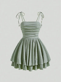 Mini Dress With Adjustable Spaghetti Straps And Tiered Skirt