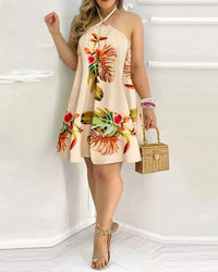 Women's 2026 Tropical Leaf Print Halter Neck Mini Dress Sleeveless Backless A-Line Summer Beach Sundress Casual