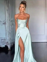 Teal Satin Spaghetti Strap Floor-Length Prom Dress With High Slit