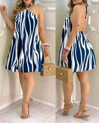 Women's 2026 Tropical Leaf Print Halter Neck Mini Dress Sleeveless Backless A-Line Summer Beach Sundress Casual