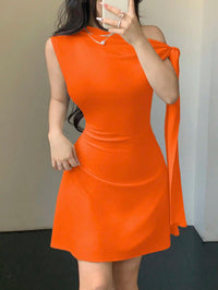 Women Asymmetrical One Shoulder Short Dress With Tie-Up Detail