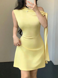 Women Asymmetrical One Shoulder Short Dress With Tie-Up Detail