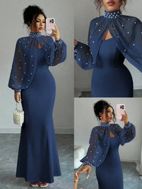 High-Neck Beaded Cape Sleeve Evening Dress Set, Mermaid Bodycon Slip Gown With Sheer Pearl-Embellished Overlay