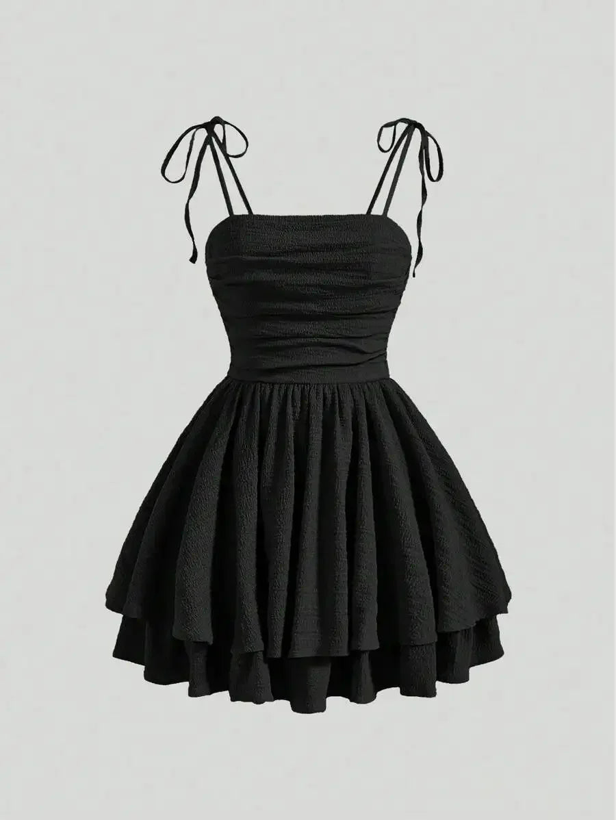 Mini Dress With Adjustable Spaghetti Straps And Tiered Skirt
