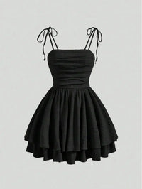 Mini Dress With Adjustable Spaghetti Straps And Tiered Skirt