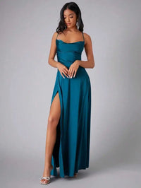 Teal Satin Spaghetti Strap Floor-Length Prom Dress With High Slit