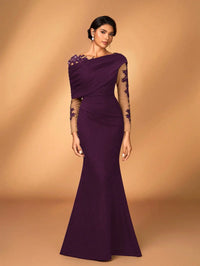 Evening Dress With Asymmetrical Draped Neckline, Sheer Lace-Embroidered Sleeves