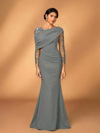Evening Dress With Asymmetrical Draped Neckline, Sheer Lace-Embroidered Sleeves