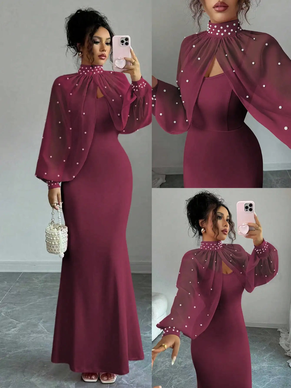 High-Neck Beaded Cape Sleeve Evening Dress Set, Mermaid Bodycon Slip Gown With Sheer Pearl-Embellished Overlay