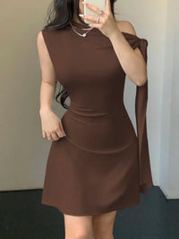 Women Asymmetrical One Shoulder Short Dress With Tie-Up Detail