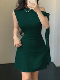 Women Asymmetrical One Shoulder Short Dress With Tie-Up Detail