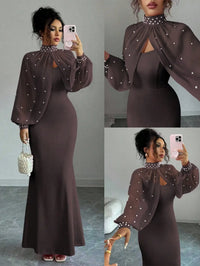 High-Neck Beaded Cape Sleeve Evening Dress Set, Mermaid Bodycon Slip Gown With Sheer Pearl-Embellished Overlay