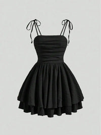 Mini Dress With Adjustable Spaghetti Straps And Tiered Skirt