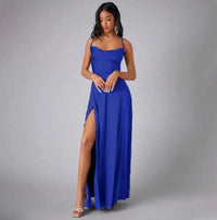 Teal Satin Spaghetti Strap Floor-Length Prom Dress With High Slit