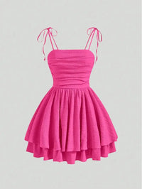 Mini Dress With Adjustable Spaghetti Straps And Tiered Skirt