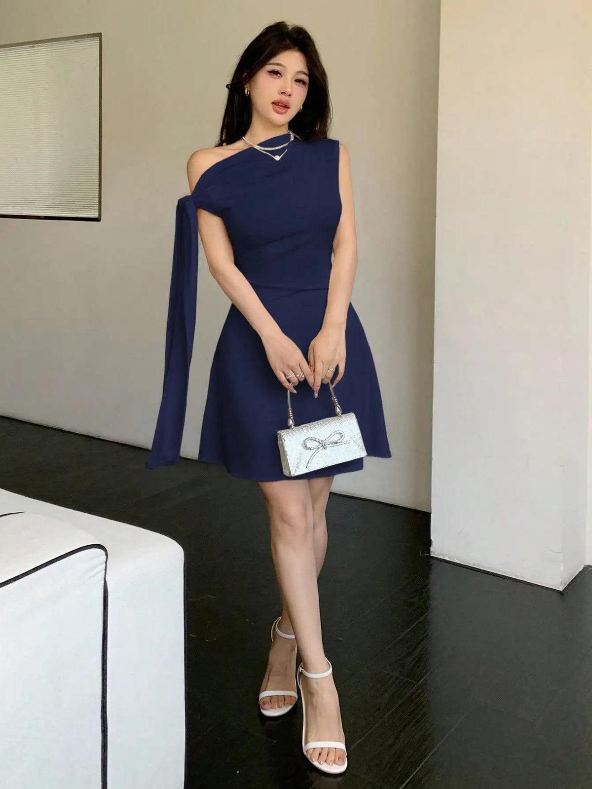 Women Asymmetrical One Shoulder Short Dress With Tie-Up Detail