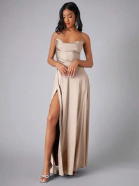 Teal Satin Spaghetti Strap Floor-Length Prom Dress With High Slit