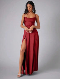 Teal Satin Spaghetti Strap Floor-Length Prom Dress With High Slit