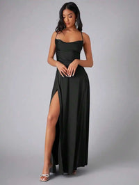 Teal Satin Spaghetti Strap Floor-Length Prom Dress With High Slit