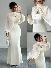High-Neck Beaded Cape Sleeve Evening Dress Set, Mermaid Bodycon Slip Gown With Sheer Pearl-Embellished Overlay