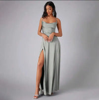 Teal Satin Spaghetti Strap Floor-Length Prom Dress With High Slit