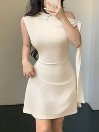 Women Asymmetrical One Shoulder Short Dress With Tie-Up Detail