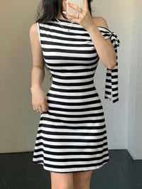 Women Asymmetrical One Shoulder Short Dress With Tie-Up Detail