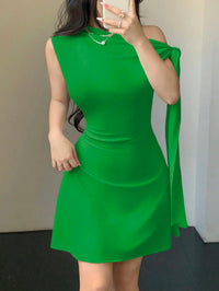 Women Asymmetrical One Shoulder Short Dress With Tie-Up Detail