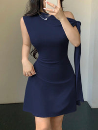Women Asymmetrical One Shoulder Short Dress With Tie-Up Detail