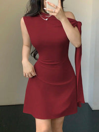 Women Asymmetrical One Shoulder Short Dress With Tie-Up Detail