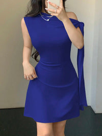 Women Asymmetrical One Shoulder Short Dress With Tie-Up Detail