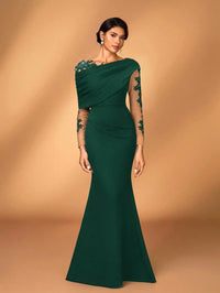 Evening Dress With Asymmetrical Draped Neckline, Sheer Lace-Embroidered Sleeves
