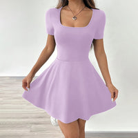 Women's Square Neck Short Sleeve Ruffle Hem A Line Flare Mini Basic Dress