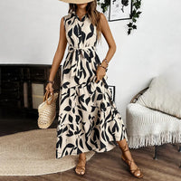 Women Sleeveless Boho Floral Maxi Dress Summer Button Shirt V Neck Flowy Belted Beach Vacation Dresses